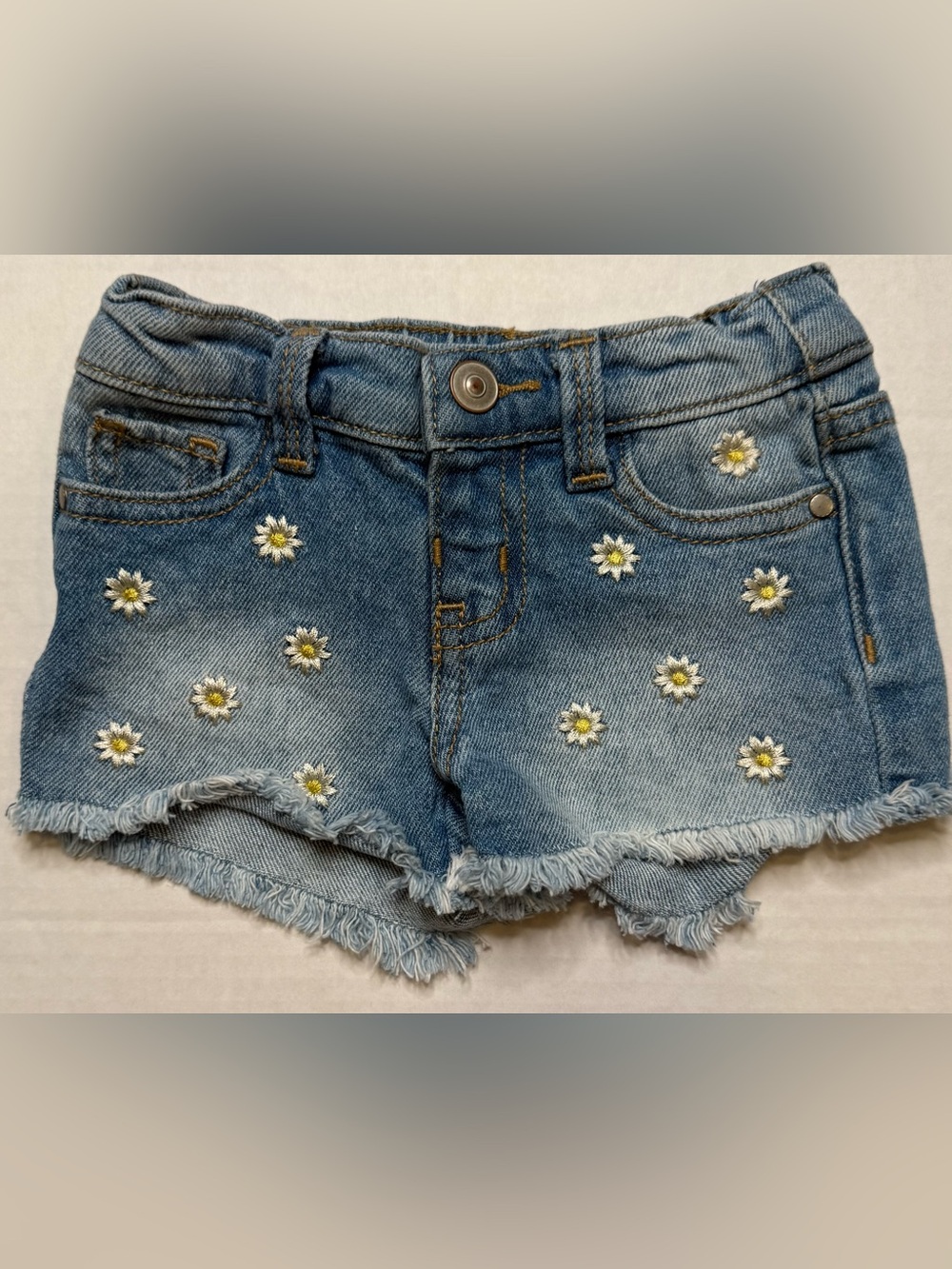 Wonder Nation Daisy Embroidered Denim Shorts Girl Size 12M Frayed Hem Cute